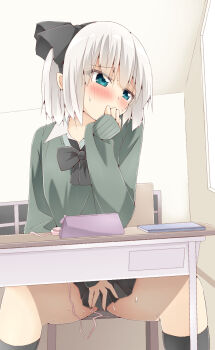 1girl alternate_costume black_bow black_bowtie black_hairband black_skirt black_socks blush bow bowtie chair collared_shirt commentary_request desk female_masturbation green_eyes green_sweater grey_hair hairband highres konpaku_youmu long_sleeves masturbation pleated_skirt pussy_juice school_chair school_desk school_uniform sex_toy shirt shishiky sitting skirt socks solo sweat sweater touhou vibrator vibrator_cord vibrator_under_clothes white_shirt