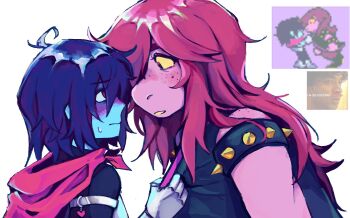1girl 1other ali_abdul antenna_hair armlet blue_hair blue_skin blush clothes_grab collar_grab colored_sclera colored_skin commentary deltarune english_commentary english_text furry furry_female highres jewelry kris_(dark_world)_(deltarune) kris_(deltarune) long_hair meme_inset neckwear_grab other_with_female pink_scarf pixel_art_inset purple_hair purple_skin riri_(susiefangirl) scarf short_hair spiked_armlet squid_game susie_(dark_world)_(deltarune) susie_(deltarune) utdr_(toby_fox) yellow_sclera