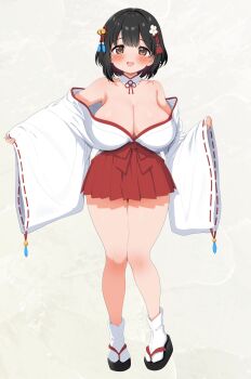 1girl bell black_hair blush breasts brown_eyes cleavage commentary_request detached_collar flower hair_bell hair_flower hair_ornament hakama hakama_short_skirt hakama_skirt highres huge_breasts japanese_clothes kimono kosode looking_at_viewer miko nonoka_(ransusan) open_mouth original ransusan red_hakama ribbon-trimmed_sleeves ribbon_trim sandals short_hair simple_background skirt smile solo tabi thighs white_background white_kimono wide_sleeves zouri