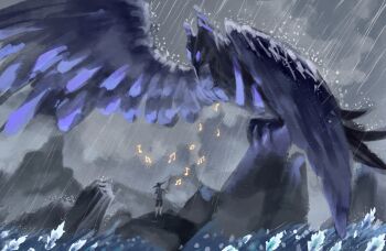 1boy baijinhuaji bird chinese_commentary creature bad_tag genshin_impact hat highres japanese_clothes kanna_kapatcir looking_down monster monster_girl music musical_note outdoors purple_bird purple_eyes rain ruu_(genshin_impact) shorts singing standing water water_drop wings