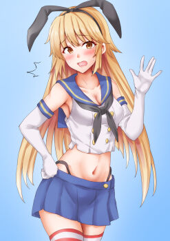1girl anti_(untea9) black_hairband black_neckerchief black_panties blonde_hair blue_background blue_sailor_collar blue_skirt breasts brooklyn_(kancolle) commentary_request cosplay crop_top elbow_gloves embarrassed gloves gradient_background hairband highleg highres kantai_collection large_breasts long_hair looking_at_viewer microskirt navel neckerchief open_mouth panties red_eyes sailor_collar skirt solo striped_clothes striped_thighhighs thighhighs underwear white_gloves