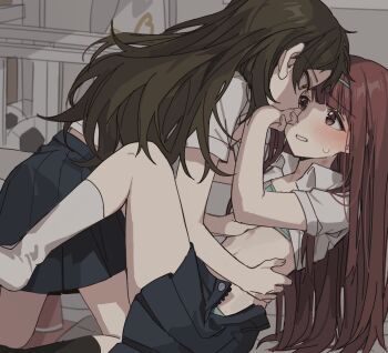 2girls absurdres black_hair black_skirt blush girl_on_top hair_ornament hairclip hand_on_another&#039;s_face hands_on_another&#039;s_hips hano9789 highres idolmaster idolmaster_million_live! kitazawa_shiho long_hair multiple_girls on_floor red_eyes red_hair shirt skirt sweatdrop tagme tanaka_kotoha undressing unzipped white_shirt yellow_eyes yuri