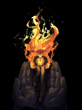 1girl 1other alyssa_(project_moon) ardor_blossom_star_(e.g.o) black_background black_jacket black_pants brown_shoes collared_shirt commentary cupping_hands e.g.o_(project_moon) embers fiery_clothing fiery_hair fire fire_hair_ornament floating_hair formal_clothes full_body highres holding holding_mini_person in_palm jacket konb_uwaaaaa limbus_company long_hair long_sleeves looking_at_viewer mini_person minigirl necktie open_clothes open_jacket orange_vest own_hands_together pants pov pov_hands project_moon red_hair red_necktie shirt shoes simple_background solo_focus suit twintails very_long_hair vest