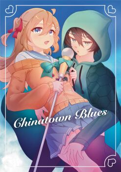 Rule 34 | 1boy, 1girl, ahoge, black hair, black pants, black thighhighs, blue eyes, blue sailor collar, blue skirt, bow, bowtie, brown hair, cardigan, commentary, cowboy shot, english commentary, english text, from side, green bow, green bowtie, green eyes, green hoodie, hair between eyes, hair ornament, hair ribbon, heart, heart hair ornament, highres, holding, holding microphone stand, hood, hoodie, kasoke308, long hair, long sleeves, looking at viewer, microphone stand, miniskirt, neuro-sama, off-shoulder cardigan, open mouth, pants, personification, pleated skirt, red ribbon, ribbon, sailor collar, shirt, short hair, single thighhigh, skirt, thighhighs, two side up, vedal987, vedal ai, virtual youtuber, white shirt, yellow cardigan