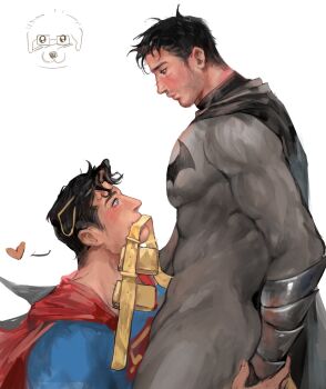 2boys animal_ears batman batman_(series) batman_symbol beard_stubble belt belt_pouch black_cape black_hair blue_bodysuit blue_eyes blush bodysuit bruce_wayne bulge cape clothes_in_mouth commentary covered_abs covered_pectorals dc_comics dog_boy dog_ears doodle_inset english_commentary eye_contact facial_hair from_side grey_bodysuit hand_on_another's_hand heart highres kemonomimi_mode looking_at_another male_focus multiple_boys pearlyx_z pectorals pouch red_cape short_hair sideburns sidepec stubble superman superman_(series) utility_belt white_background yaoi yellow_belt