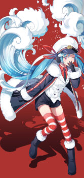 1girl absurdres aqua_eyes aqua_hair binoculars black_coat black_gloves black_necktie black_shorts coat collared_shirt commentary_request fur-trimmed_coat fur-trimmed_sleeves fur_trim gloves gradient_hair hair_between_eyes hair_ornament hair_ribbon hat hatsune_miku highres hui_yan jacket light_blush long_hair long_sleeves looking_at_viewer multicolored_hair necktie official_alternate_costume official_alternate_hairstyle one_eye_closed open_mouth peaked_cap rabbit_yukine red_background red_ribbon red_shirt ribbon sailor_hat shirt short_shorts shorts simple_background striped_clothes striped_thighhighs thighhighs twintails very_long_hair vocaloid white_hair white_jacket yuki_miku yuki_miku_(2022)