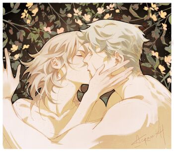 Rule 34 | 2boys, acra mitch, alhaitham (genshin impact), arm up, blonde hair, border, closed eyes, collarbone, commentary, flower, genshin impact, grey hair, hair behind ear, hand on another's face, highres, kaveh (genshin impact), kiss, leaf, male focus, medium hair, multiple boys, nude, short hair, signature, symbol-only commentary, white border, yaoi, yellow flower