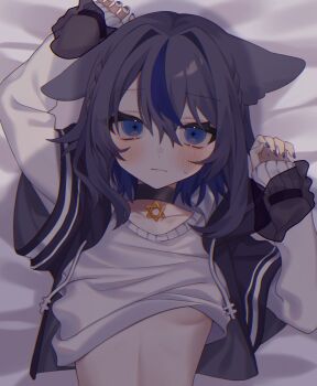 1girl absurdres animal_ears asano_yoru asano_yoru_(artist) breasts clothes_lift disembodied_hand ears_down fox_ears fox_girl held_down hexagram highres holding_another's_wrist hood hood_down hooded_jacket indie_virtual_youtuber jacket layered_sleeves long_sleeves looking_at_viewer multicolored_hair no_bra open_clothes open_jacket pov purple_eyes purple_hair restrained short_hair short_over_long_sleeves short_sleeves small_breasts stomach streaked_hair sweatdrop sweater sweater_lift two-tone_hair