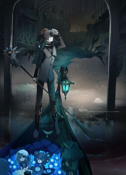 1boy absurdres arm_up black_boots black_pants black_shirt blue_flower boat boots closed_mouth cyawa flower fold-over_boots gloves gradient_hair green_eyes green_hair grey_vest headpiece highres holding holding_staff lantern male_focus multicolored_hair original pants rain shirt signature solo staff standing stuffed_animal stuffed_toy teddy_bear vest water watercraft watermark white_gloves