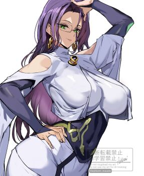 Rule 34 | 1girl, ashiomi masato, breast curtains, breasts, bridal gauntlets, clothing cutout, commentary request, corset, dress, earrings, glasses, gold trim, green eyes, highres, jewelry, large breasts, long hair, long sleeves, looking at viewer, one-punch man, parted bangs, psychos (one-punch man), purple hair, shoulder cutout, smile, solo, taut clothes, taut dress, white dress