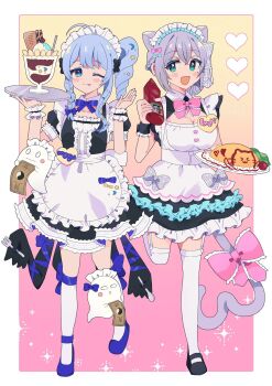 Rule 34 | > <, 0 0, 2girls, :d, ;p, ahoge, alternate costume, animal ears, ankleband, apron, aqua eyes, aqua nails, black dress, black shoes, black wrist cuffs, blue bow, blue bowtie, blue eyes, blue hair, blue shoes, blush, blush stickers, border, bottle, bow, bowtie, braid, breasts, cat ears, cat girl, cat tail, character name, cleavage, cleavage cutout, closed mouth, clothing cutout, collarbone, collared dress, commentary, crossed bangs, detached collar, double-parted bangs, dress, english commentary, enmaided, extra ears, fang, fingernails, food, fork, frilled bow, frilled dress, frilled wrist cuffs, frills, full body, garter straps, ghost, ghost girl, glitch stars, gradient background, hair bow, hair bun, hand up, headdress, heart, highres, hiiragi emuri, holding, holding bottle, holding fork, holding plate, holding spoon, holding tray, ice cream, ketchup bottle, large breasts, leg up, long hair, looking at another, maid, maid apron, maid headdress, mary janes, medium hair, mogughost (vtuber), mole, mole under eye, multicolored nails, multiple girls, multiple hair bows, nail polish, omelet, omurice, one eye closed, open mouth, pink background, pink bow, pink bowtie, pink nails, plaid bow, plate, puffy short sleeves, puffy sleeves, purple hair, purple tail, scrunchie, second-party source, shoes, short dress, short sleeves, side braid, side ponytail, single sidelock, skin fang, small breasts, smile, spoon, standing, standing on one leg, sundae, suyuri oekaki, swept bangs, tail, thighhighs, tongue, tongue out, tray, two-tone background, virtual youtuber, white apron, white border, white headdress, white scrunchie, white thighhighs, wrist cuffs, wrist scrunchie, yellow background