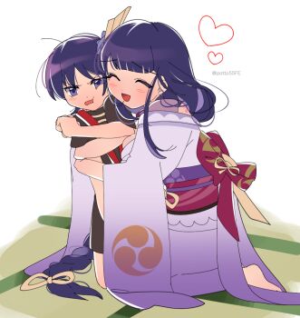 1girl 1other aged_down annoyed artist_name back_tattoo barefoot blunt_bangs blush braid breasts cleavage closed_eyes commentary_request electro_symbol_(genshin_impact) embarrassed feet from_side full_body genshin_impact hair_between_eyes hair_ornament hair_ribbon happy heads_together heart hug indoors japanese_clothes kimono kneeling large_breasts leaning_on_person leaning_to_the_side long_braid long_hair long_sleeves mitsudomoe_(shape) mole mole_under_eye mother_and_son neck_ribbon off_shoulder open_clothes potto55fe purple_eyes purple_hair purple_kimono raiden_shogun red_ribbon red_sash ribbon sash scaramouche_(genshin_impact) shade shorts shy single_braid smile tattoo tomoe_(symbol) wide_sleeves