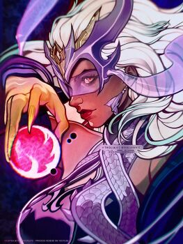 1girl aqua_hair artist_name blurry chinese_clothes commentary depth_of_field dress earrings english_commentary fingernails gradient_hair highres jewelry long_fingernails long_hair looking_at_viewer looking_to_the_side magic marvel marvel_rivals multicolored_hair official_alternate_costume orange_eyes orb procreate_(medium) purple-tinted_eyewear purple_dress purple_theme rimless_eyewear scarlet_witch sharp_fingernails sleeveless sleeveless_dress solo tholia_bentz tinted_eyewear upper_body white_hair yellow_nails