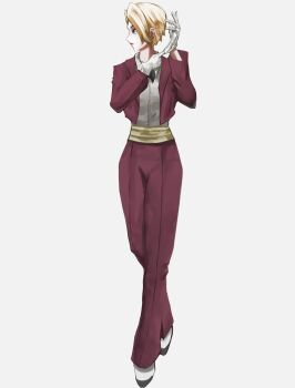 1girl blonde_hair blue_eyes bow female_focus formal_clothes gloves harodrawingcool jacket king_(snk) pale_skin shirt shoes short_hair standing suit the_king_of_fighters thick_thighs thighs white_shirt