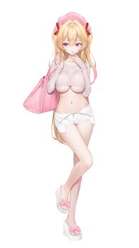 1girl absurdres bag bare_legs blonde_hair breasts commentary crop_top cropped_shirt double-parted_bangs english_commentary exposed_pocket facing_viewer feet finger_to_mouth fingernails gradient_hair hair_between_eyes hair_intakes hair_ribbon hat highres holding holding_bag index_finger_raised keibeam leg_up light_blush long_fingernails long_hair long_sleeves looking_to_the_side medium_breasts micro_shorts multicolored_hair nail_polish navel newsboy_cap original pink_bag pink_hair pink_hat pink_nails platform_sandals red_eyes red_ribbon ribbed_shirt ribbon sandals shirt shorts sideways_glance simple_background solo standing standing_on_one_leg thigh_gap toenails toes two-tone_hair two_side_up underboob very_long_fingernails white_background white_shirt white_shorts zipper zipper_pull_tab