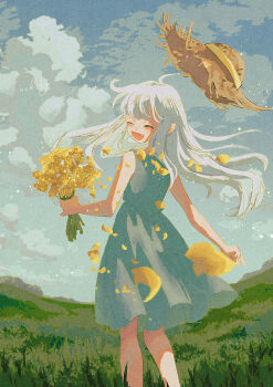 1girl absurdres blue_dress bouquet day dress falling_petals fang floating_hair flower from_behind grass hat highres hill holding holding_flower light_blush light_particles long_hair looking_back nature nekory original outdoors petals scenery signature smile straw_hat sundress swept_bangs white_hair wind wind_lift