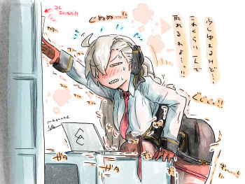 1girl anger_vein blush braid breasts commentary_request computer earrings fate/grand_order fate_(series) gloves hair_between_eyes hair_ribbon hanging_breasts highres jewelry laptop large_breasts long_hair long_sleeves naoruna01 necktie olga_marie_animusphere olga_marie_animusphere_(unbeast) orange_gloves orange_pantyhose pantyhose ribbon shirt smile solo very_long_hair white_hair