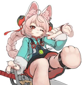 1girl :3 absurdres ahoge animal_ear_fluff animal_ear_piercing animal_ears animal_feet anklet barefoot beefussop12 braid braided_twintails bright_pupils chinese_clothes claws closed_mouth commentary_request furry furry_female green_shirt highres jewelry long_hair looking_at_viewer medallion one_eye_closed pink_fur pink_hair rabbit_ears rabbit_girl red_eyes screw shirt short_eyebrows simple_background sitting_on_weapon solo sword thick_eyebrows v weapon white_background white_pupils zenless_zone_zero zhao_(zenless_zone_zero)