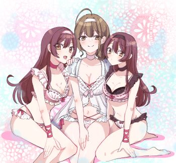 3girls :d ahoge alstroemeria_(idolmaster) amaori_(amaori_10) bare_legs barefoot black_choker black_hairband blunt_bangs bra braid braided_ponytail breasts brown_eyes brown_hair choker cleavage closed_mouth collarbone frilled_bra frilled_panties frills hair_intakes hairband hand_on_another&#039;s_shoulder highres idolmaster idolmaster_shiny_colors kuwayama_chiyuki lingerie long_hair looking_at_viewer medium_breasts multi-strapped_panties multiple_girls navel open_mouth osaki_amana osaki_tenka panties pink_bra pink_choker pink_hairband pink_panties red_ribbon ribbon ribbon-trimmed_bra ribbon_trim short_sleeves signature smile underwear underwear_only very_long_hair white_choker white_hairband wrist_ribbon
