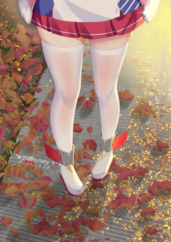 1girl artist_name autumn_leaves azur_lane dated day highres laffey_(azur_lane) leaf lower_body outdoors path pigeon-toed pink_skirt pleated_skirt road rudder_footwear shirt skindentation skirt solo thighhighs thighs white_footwear white_shirt white_thighhighs xiao_shi_lullaby zettai_ryouiki