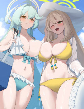 2girls ahoge alternate_costume bag bikini blonde_hair blue_archive blue_bikini blue_hair blush braid breasts cleavage cleavage_cutout closed_mouth clothing_cutout cloud collarbone day green_eyes hair_between_eyes halo hat highres holding holding_bag huge_breasts large_breasts long_hair mechasoul multiple_girls navel nonomi_(blue_archive) open_mouth outdoors shirt side-tie sidelocks sky smile sun swimsuit thighs through white_shirt yellow_bikini yellow_eyes yume_(blue_archive)