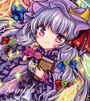 1girl blue_bow blue_ribbon blush book bow buttons closed_mouth commentary_request crescent crescent_hat_ornament crystal dress frilled_sleeves frilled_wrist_cuffs frills hair_bow hand_up hat hat_ornament hat_ribbon holding holding_book long_hair long_sleeves looking_at_viewer marker_(medium) mob_cap multiple_hair_bows patchouli_knowledge purple_dress purple_eyes purple_hair purple_hat red_bow red_ribbon ribbon rui_(sugar3) sample_watermark smile solo sparkle touhou traditional_media upper_body watermark wide_sleeves wrist_cuffs