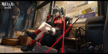 Rule 34 | 1girl, 2boys, animal ear fluff, animal ears, arknights, arms behind back, bench, black coat, black hair, black shoes, black shorts, black tail, box, brick wall, can, cardboard box, chinese commentary, coat, collared shirt, commentary request, commission, crossed legs, drink, drink can, gloves, green necktie, hair between eyes, highres, holding, holding removed eyewear, holding sword, holding weapon, knight fault, leg warmers, letterboxed, long hair, long sleeves, looking at viewer, mihuashi commission, multiple boys, necktie, night, official alternate costume, on bench, orange eyes, outdoors, park bench, penguin logistics logo, planted, planted sword, planted weapon, red gloves, red leg warmers, red shirt, shirt, shoe soles, shoes, shop, shorts, sidelocks, sign, sitting, solo focus, striped clothes, striped shorts, sunglasses, sword, tail, texas (arknights), texas (willpower) (arknights), unworn eyewear, vertical-striped clothes, vertical-striped shorts, weapon, wolf ears, wolf girl, wolf tail, wooden bench