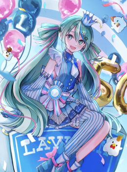 1girl aqua_eyes aqua_gloves aqua_hair asymmetrical_legwear balloon bird blue_skirt blue_sky chicken cloud collared_shirt commentary_request crown detached_sleeves feet_out_of_frame gloves hatsune_miku holding holding_balloon lawson long_hair looking_at_viewer mini_crown mismatched_legwear multicolored_hair nekokan_(awao_o) open_mouth pink_hair shirt single_thighhigh skirt sky sleeveless sleeveless_shirt smile solo streaked_hair striped_clothes striped_shirt striped_sleeves striped_thighhighs thighhighs tilted_headwear vocaloid white_gloves