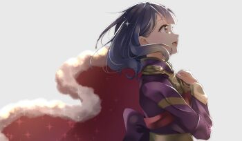 1girl aose_ao blue_hair breasts cape commentary_request fur-trimmed_cape fur_trim hanayagi_kaoruko highres long_sleeves looking_up medium_breasts red_cape shoujo_kageki_revue_starlight simple_background solo sparkle white_background yellow_eyes