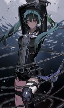 1girl absurdres armored_boots arms_up belt belt_pouch black_belt black_boots black_gloves black_jacket black_order_uniform black_shorts black_skirt boots breasts bruise bruise_on_face bruise_on_leg bubble chain collared_jacket commentary_request cross d.gray-man emblem facial_scar floating_hair gloves green_hair hair_between_eyes highres horizontal-striped_belt injury jacket large_breasts lenalee_lee long_hair long_sleeves looking_at_viewer miniskirt parted_lips pouch purple_eyes scar scar_on_cheek scar_on_face scar_on_thigh shachi_ark shorts sidelocks single_boot skirt solo striped_belt striped_clothes striped_jacket thigh_strap thighs torn_clothes torn_jacket torn_shorts torn_skirt twintails underwater vertical-striped_clothes vertical-striped_jacket very_long_hair wide_sleeves