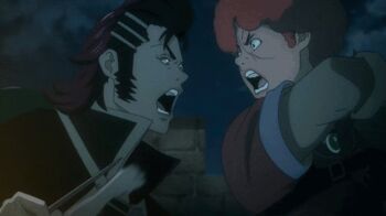 10s 2boys afro animated animated_gif black_hair favaro_leone kaisar_lidfald multiple_boys pompadour punching red_hair severed_arm severed_limb shingeki_no_bahamut shingeki_no_bahamut:_genesis short_hair slapping