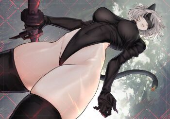 1girl 2b_(nier:automata) animal_ears black_gloves black_hairband black_leotard black_thighhighs blindfold boots breasts cat_ears cat_girl cat_tail covered_eyes elbow_gloves gabriel_carrasquillo gloves hairband highleg highleg_leotard holding holding_sword holding_weapon juliet_sleeves katana large_breasts leotard long_sleeves looking_at_viewer medium_breasts mole mole_under_mouth nier nier:automata nier_(series) parted_lips puffy_sleeves short_hair solo sword tail thigh_boots thighhighs thighs thong_leotard weapon white_hair