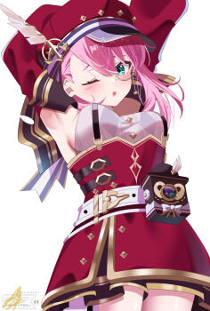 Rule 34 | 1girl, absurdres, aqua eyes, arm over head, arms up, belt, blush, breasts, camera, charlotte (genshin impact), commentary request, cowboy shot, detached sleeves, from below, genshin impact, hair between eyes, hat, high-waist skirt, highres, looking at viewer, medium breasts, monocle, newsboy cap, one eye closed, open mouth, pink hair, red hat, red skirt, red sleeves, sankaku (maruchann32), shirt, short hair, skirt, sleeveless, sleeveless shirt, solo, suspender skirt, suspenders, white background, white belt, white shirt