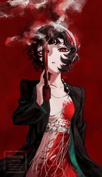 1girl black_coat black_hair breasts coat dress feather_dress feather_hair_ornament feathers gun hair_ornament hairband hakyusiku hand_up highres holding holding_gun holding_weapon jewelry necklace open_clothes open_coat parted_lips red_background red_dress red_eyes red_feathers reverse:1999 schneider_(reverse:1999) short_hair small_breasts smoke smoking_barrel solo trigger_discipline upper_body watermark weapon white_hairband