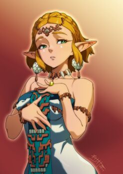 1girl absurdres armlet bare_shoulders blonde_hair bracelet braid circlet commentary_request crown_braid date_naoto dated dress earrings facial_mark gradient_background green_eyes hands_on_own_hips highres jewelry long_eyelashes looking_to_the_side magatama magatama_necklace necklace nintendo parted_lips pointy_ears pout princess_zelda short_hair signature solo strapless strapless_dress teardrop_facial_mark the_legend_of_zelda the_legend_of_zelda:_tears_of_the_kingdom upper_body white_dress