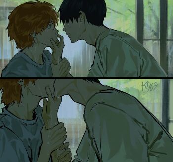 2boys artist_name black_hair french_kiss haikyuu!! hand_on_another's_arm hand_on_another's_face highres hinata_shouyou imminent_kiss kageyama_tobio kiss ky_69 looking_at_another male_focus multiple_boys orange_eyes orange_hair rain shirt short_hair upper_body wet wet_clothes wet_hair white_shirt yaoi