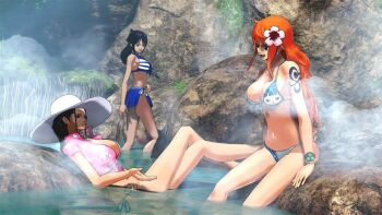 3d 3girls bare_legs barefoot bikini bikini_bottom_only black_hair bracelet breasts cleavage curvy earrings eyewear_on_head flower flower_on_head glasses hat jewelry large_breasts legs long_hair looking_at_another lying multiple_girls nami_(one_piece) navel nico_robin non-web_source on_back one_piece one_piece:_world_seeker one_piece_film:_gold onsen open_mouth orange_hair outdoors rock shirt short_hair single_earring sitting smile stomach sun_hat swimsuit tashigi teeth thighs tied_shirt water