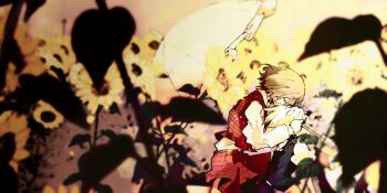 2girls absurdres blonde_hair blurry closed_eyes collared_shirt cradling_head decapitation depth_of_field floral_background flower frilled_skirt frills from_side garden_of_the_sun green_hair highres kazami_yuuka kirisame_marisa leaf liangming_toho long_skirt long_sleeves multiple_girls parasol plaid_clothes plaid_skirt plaid_vest red_skirt red_vest scenery shirt short_hair skirt skirt_set sunflower touhou umbrella vest wavy_hair white_shirt