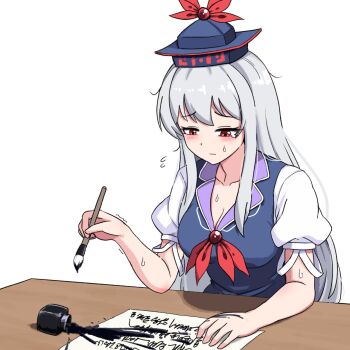 1girl blue_hat breasts calligraphy_brush desk ehehe52921343 grey_hair hat highres ink kamishirasawa_keine long_hair paintbrush paper red_eyes solo sweat touhou upper_body white_background writing