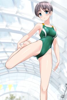 1girl absurdres blue_eyes breasts commentary_request competition_swimsuit covered_navel feet_out_of_frame foot_up glass_ceiling green_one-piece_swimsuit grey_hair highleg highleg_one-piece_swimsuit highres leg_lift looking_at_viewer medium_breasts multicolored_swimsuit one-piece_swimsuit original short_hair solo stretching string_of_flags swimsuit takafumi variant_set
