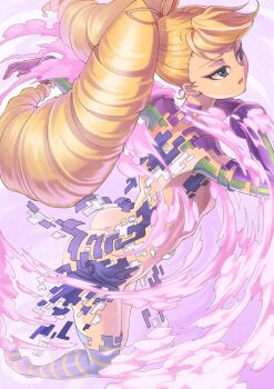 1girl ass blonde_hair breasts drill_hair em_wave_change_(mega_man) gloves helmet_(trailblazer003) henshin long_hair luna_platz_(mega_man) mega_man_(series) mega_man_star_force_(series) parted_lips purple_background purple_gloves queen_ophiuca_(mega_man) twin_drills very_long_hair