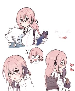 Rule 34 | 2girls, 5rwpvc, absurdres, armor, black gloves, blue skin, blush, breasts, closed mouth, colored skin, earrings, glasses, gloves, hair between eyes, heart, highres, horns, huge breasts, jewelry, long hair, multiple girls, multiple views, oni, open clothes, open mouth, pink eyes, pink hair, pointy ears, shirt, shoulder armor, sidelocks, simple background, smile, soukaku (zenless zone zero), sweatdrop, tsukishiro yanagi, upper body, white hair, white shirt, zenless zone zero