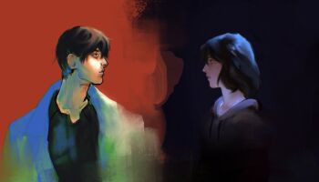 1boy 1girl :| black_eyes black_hair black_hoodie black_shirt closed_mouth coat collared_shirt double-parted_bangs fading hair_between_eyes han_sooyoung hood hoodie kim_dokja light_frown looking_at_another macaronijail medium_hair omniscient_reader's_viewpoint shirt split_screen upper_body white_coat