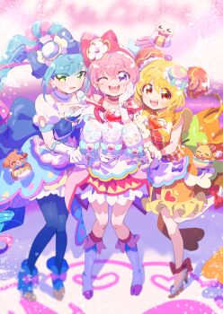 3girls absurdres animal ankle_bow ankle_ribbon apron aqua_bow asymmetrical_skirt back_bow bare_legs bare_shoulders blonde_hair blue_boots blue_bow blue_bowtie blue_choker blue_hair blue_pantyhose blue_skirt blunt_bangs boots bow bow_apron bowl bowtie braid braided_hair_rings brooch bun_cover burger cat china_dress chinese_clothes choker clenched_hand clothing_cutout coattails collarbone commentary_request cone_hair_bun crossed_bangs cure_precious cure_spicy cure_yum-yum delicious_party_precure dog double_bun dragon dress drill_hair earrings eastern_dragon eyelashes eyes_visible_through_hair flower flower_knot food food-themed_bag food-themed_hair_ornament footwear_bow frilled_choker frilled_dress frilled_footwear frilled_gloves frilled_hairband frilled_skirt frilled_sleeves frills full_body fuwa_kokone gloves green_eyes hair_between_eyes hair_bow hair_bun hair_flower hair_ornament hair_ribbon hair_rings hairband hanamichi_ran hand_on_own_cheek hand_on_own_chest hand_on_own_face happy hat hat_bow heart heart_brooch heart_print high-waist_skirt high_heels high_side_ponytail highres holding jewelry kneehighs knees large_bow layered_skirt leg_up long_hair looking_at_viewer loose_hair_strand magical_girl medium_dress medium_skirt mem-mem_(precure) miniskirt multicolored_hair multiple_girls nagomi_yui omelet omurice one_eye_closed onigiri open_mouth orange_bow orange_dress orange_eyes orange_shoes pam-pam pantyhose pink_bow pink_choker pink_dress pink_hair pink_hairband pink_ribbon pink_socks pom_pom_hat_ornament precure print_dress puffy_short_sleeves puffy_sleeves purple_eyes red_bow red_shorts ribbon rice_bowl serizawa_serizane shirt shoes short_dress short_sleeves shorts shorts_under_dress shoulder_cutout side_slit sidelocks single_hair_ring single_stripe skirt skirt_under_dress sleeveless sleeveless_dress smile socks sphere_hair_ornament spoon square_neckline stage standing stiletto_heels strap streaked_hair striped_bow striped_bowtie striped_clothes tareme tsurime two-sided_dress two-sided_fabric two-tone_hair very_long_hair waist_apron waist_bag watch wavy_hair white_apron white_boots white_flower white_gloves white_shirt white_sleeves wristwatch yellow_bow yellow_bowtie yellow_ribbon yellow_skirt