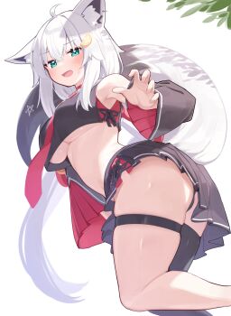 1girl absurdres ahoge animal_ear_fluff animal_ear_piercing animal_ears aqua_eyes black_panties black_serafuku black_shirt black_skirt black_sleeves black_thighhighs blush breasts commentary_request cosplay cropped_shirt cross-laced_slit crossed_bangs deaver detached_sleeves double-parted_bangs fox_ears fox_girl fox_tail fusion hair_between_eyes hair_ornament hairclip highres hololive large_breasts long_hair looking_at_viewer low_ponytail midriff miniskirt necktie ookami_mio ookami_mio_(1st_costume) ookami_mio_(cosplay) panties pantyshot pentagram pleated_skirt ponytail red_necktie school_uniform serafuku shirakami_fubuki shirt side_slit sidelocks simple_background single_thighhigh skirt sleeveless sleeveless_shirt solo tail thigh_strap thighhighs underboob underwear very_long_hair virtual_youtuber white_background white_hair wide_sleeves