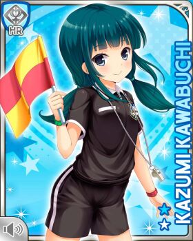 1girl black_eyes black_shirt black_shorts blue_background blue_hair card_(medium) character_name flag girlfriend_(kari) holding holding_flag kawabuchi_kazumi looking_at_viewer low_twintails official_art qp:flapper referee shirt shorts smile soccer_uniform solo sportswear standing thighs twintails watch whistle whistle_around_neck wristwatch