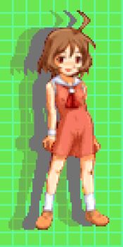 1girl ahoge ai_(mushking) brown_hair brown_shoes dress flat_chest green_background grid grid_background konchuu_ouja_mushiking:_greatest_champion_e_no_michi loli looking_at_viewer mushiking navel neckerchief nipples no_panties open_mouth pink_dress pixel_art pussy red_eyes red_neckerchief saiwai_hiroshi school_uniform see-through_clothes see-through_dress shoes short_hair sleeveless sleeveless_dress smile socks standing wet wet_clothes wet_dress white_socks wristband