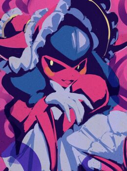 black_sclera blue_hair colored_sclera digimon digimon_(creature) hat horns lamia lamiamon lawuchi long_hair monster_girl ribbon yellow_eyes