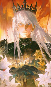 1boy armor black_crown black_gloves blood blood_on_clothes blood_on_face blue_eyes brooch building burning burning_building closed_mouth crown fire flag flower flower_brooch gloves hair_between_eyes hand_on_hilt highres jewelry looking_at_viewer love_and_deepspace male_focus pauldrons shoulder_armor solo straight-on upper_body watermark weibo_watermark white_flower white_hair xavier_(love_and_deepspace) you_wu_zhi_yang