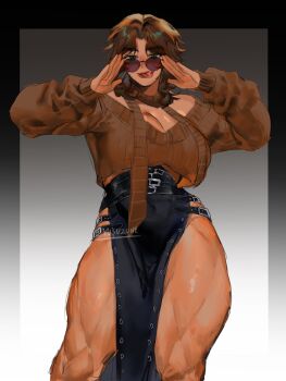 1girl adjusting_eyewear belt black_belt black_border border breasts brown_hair brown_sweater cleavage commentary cowboy_shot cropped_sweater eyelashes fang gradient_background gradient_border green_eyes grey_background hands_up highres large_breasts lips long_sleeves looking_at_viewer looking_over_eyewear medium_hair multiple_belts muscular muscular_female original parted_lips pelvic_curtain red-tinted_eyewear solo standing sweater symbol-only_commentary thick_eyebrows thick_thighs thighs tinted_eyewear tongue tongue_out twitter_username watermark white_background white_border yusu_zune